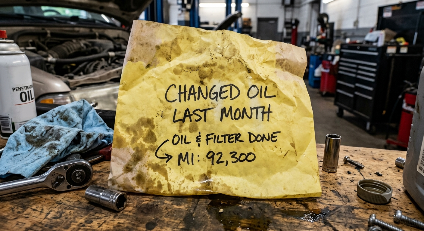An oil-stained note on a workbench: changed oil last month, oil and filter done, mi 92,300