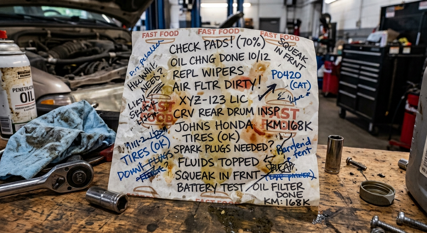 A grease-covered fast food wrapper covered in scribbled service notes in two colors of pen